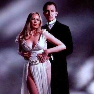 Veronica Carlson and Peter Cushing in a promotional photo for "Frankenstein Must Be Destroyed" (1969)