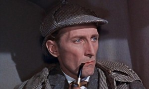 Peter Cushing as Sherlock Holmes in "Hound of the Baskervilles" (1959)